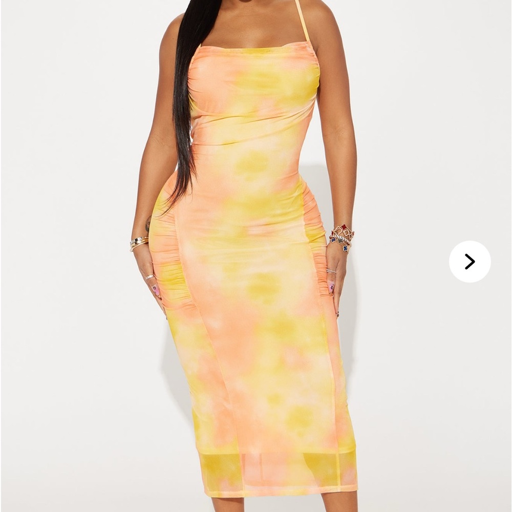 Fashion Nova Vibrant Orange and Yellow Midi Dress